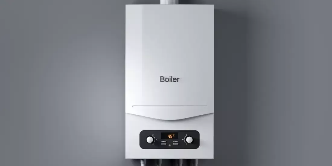 A generic modern boiler in the middle of a grey wall