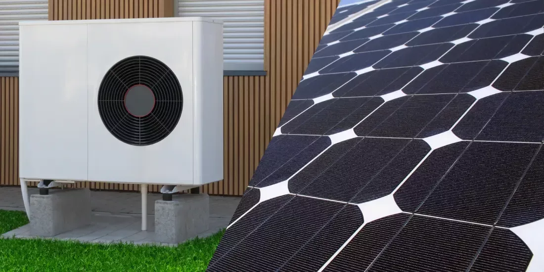 An outdoor heat pump unit on the left with an image slice of solar panels on the right