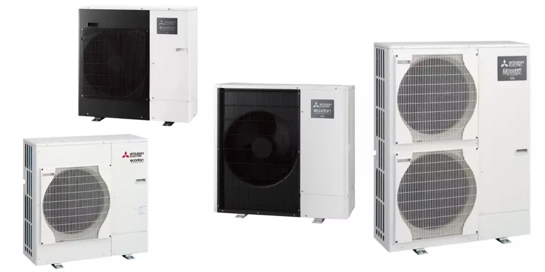 Four Mitsubishi air source heat pump models grouped together
