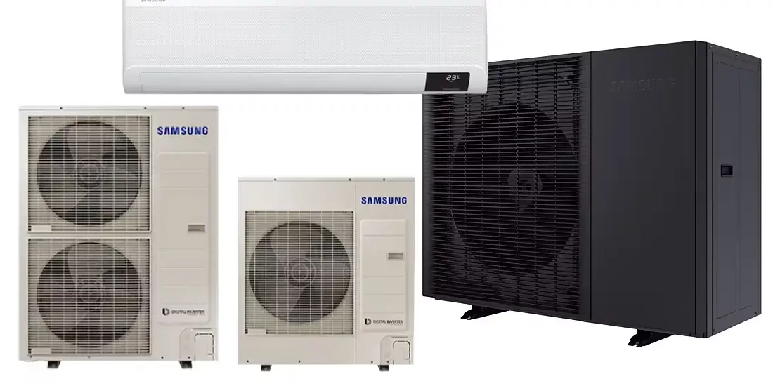 A collection of Samsung heat pumps on a white background
