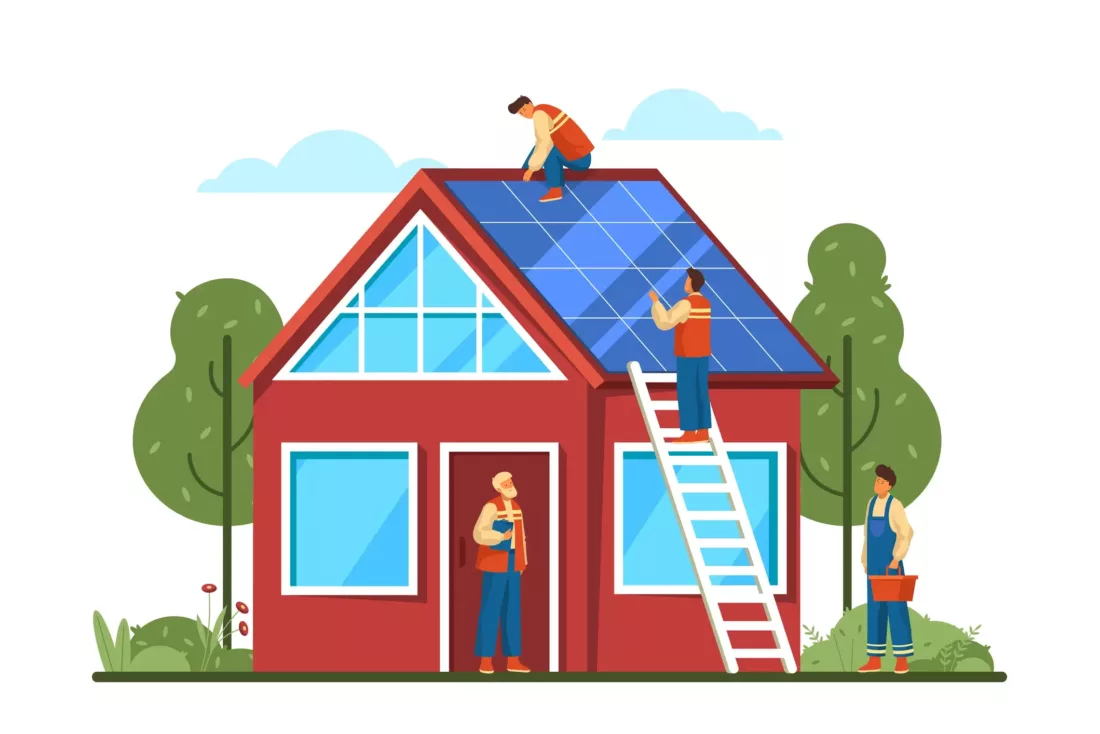 Solar Panel Installation With Multiple People Vector