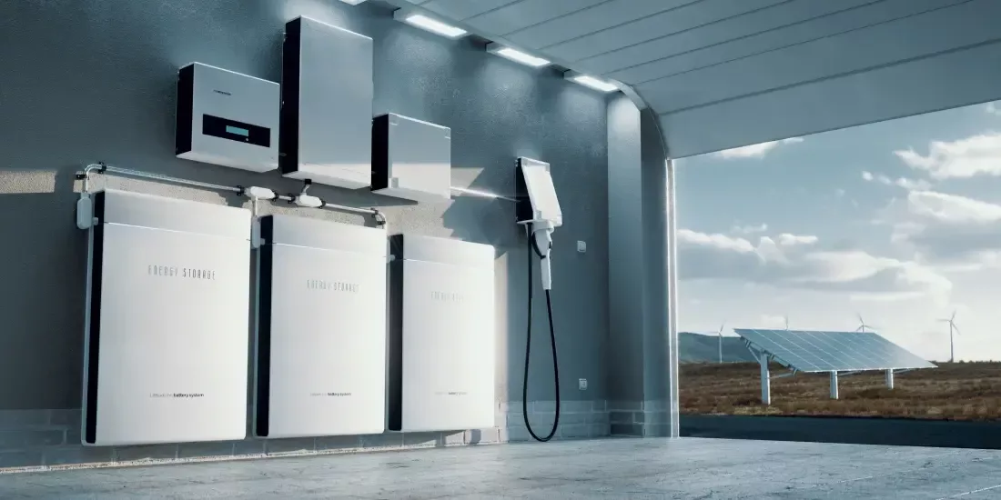 CGI of sleek solar storage batteries and EV charger in a garage. Solar panels and wind turbines are in a field outside