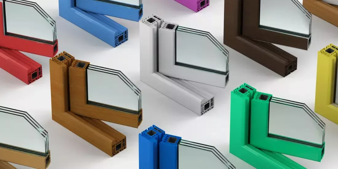 A cross section of triple glazed uPVC window frames in different colours
