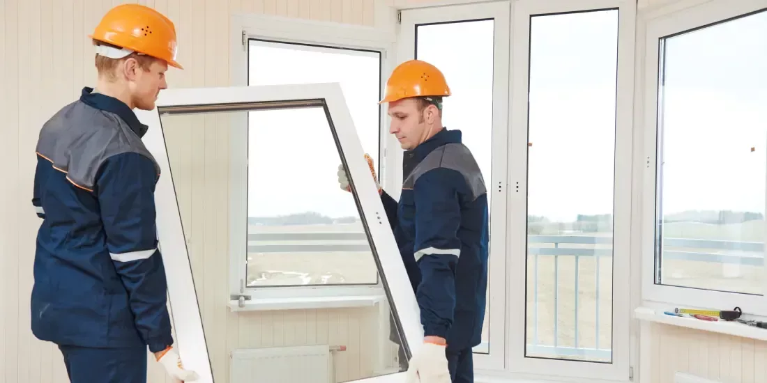 Two window installers holding up a uPVC window next to a door and two windows
