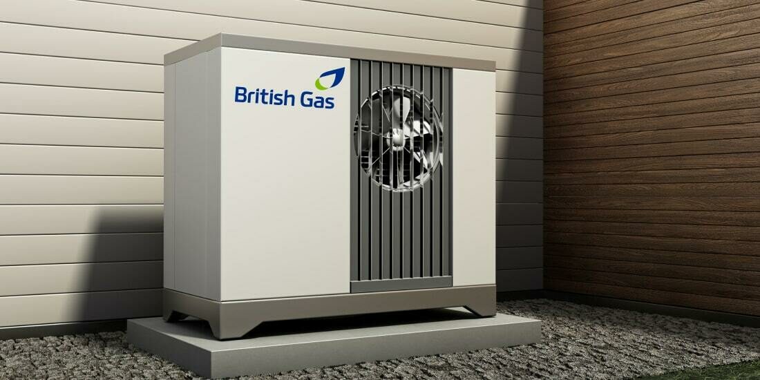 CGI of an air source heat pump with the British Gas logo