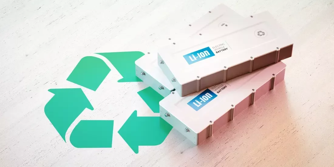 A recycling logo with three lithium-ion vehicle batteries stacked on top
