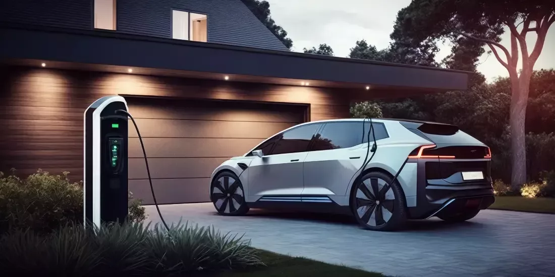 A modern day EV charging in the drive of a modern home with spot lights