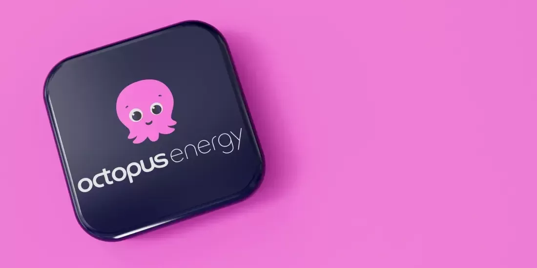 Octopus Energy logo on a rendered badge against a pink backdrop