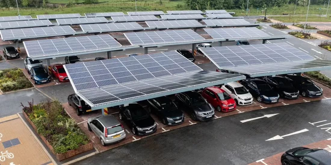 A car park with solar canopies installed